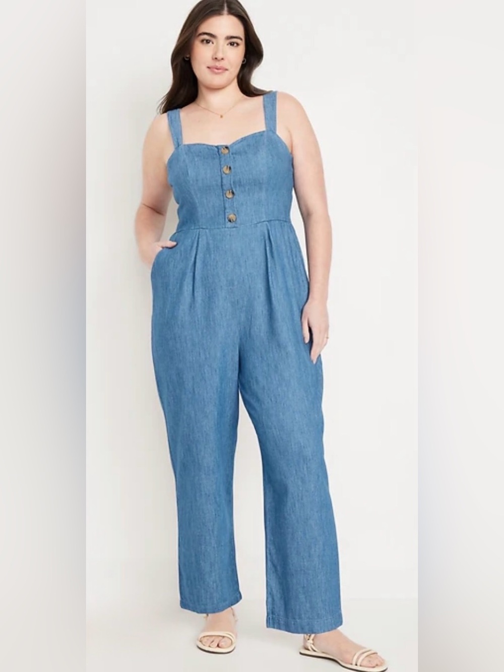 OLD NAVY Blue Chambray Button Front Smocked Back Wide-Leg Jumpsuit XL Tall
